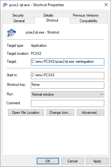 RAIntegration parameter in PCSX2 shortcut