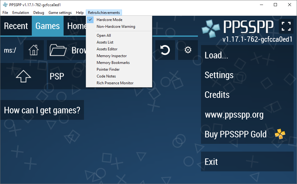 RAIntegration menu in PPSSPP