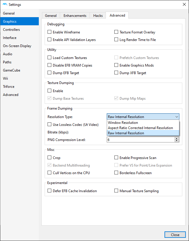 Dolphin Screenshot Resolution Type setting