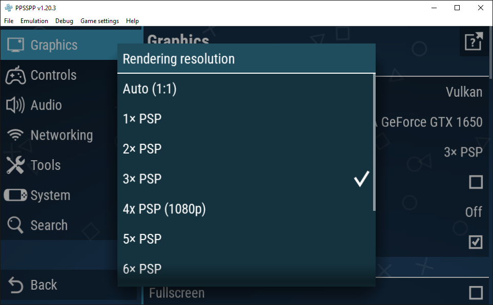 PPSSPP Rendering Resolution setting