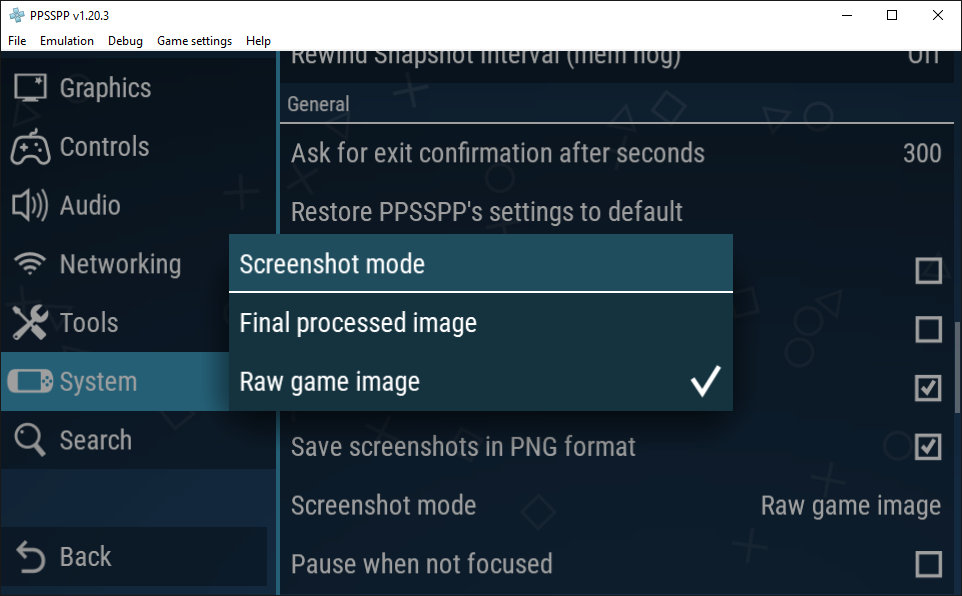 PPSSPP Screenshot Mode setting